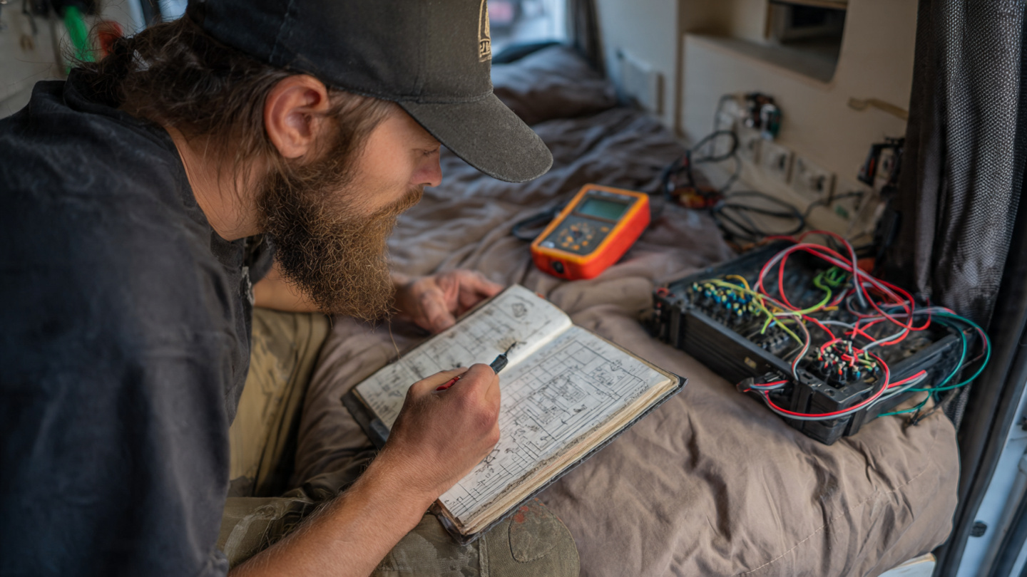 Person calculating wire gauge with multimeter in camper