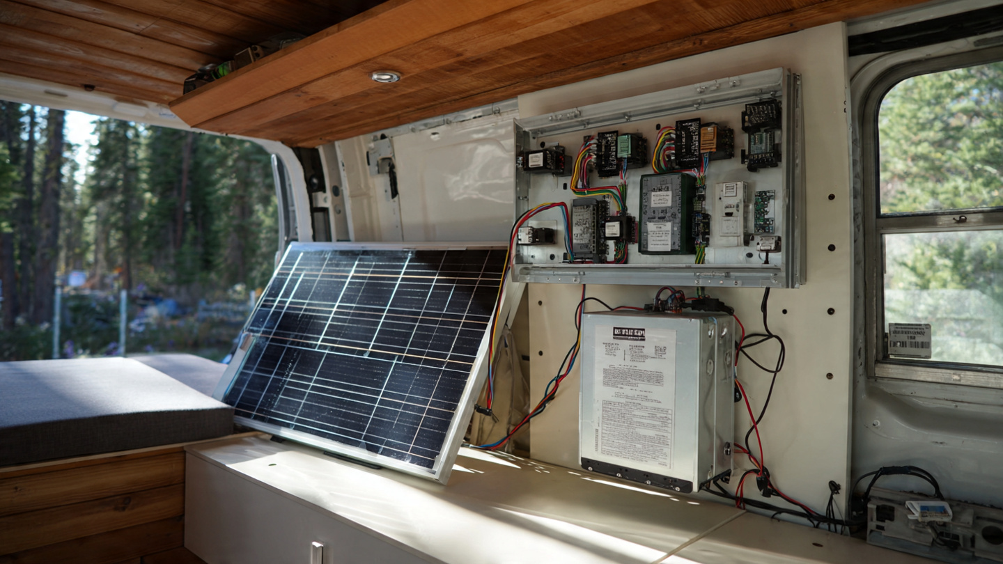 Batería de litio y panel solar instalados en furgoneta camper